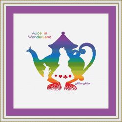Cross stitch pattern Teapot Alice in Wonderland silhouette rainbow superhero tea kettle rabbit kitchen PDF