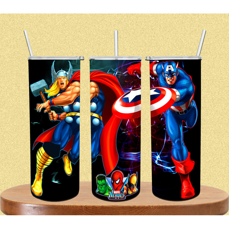 Thor and Captain America 20oz Skinny Tumbler, STRAIGHT SEAMLESS Tumbler Wrap Sublimation DESIGN iron man Cartoon characters Marvel Heroes.jpg