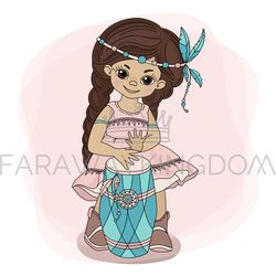 POCAHONTAS DRUM Princess Girl Indians Vector Illustration Set