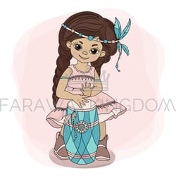 pocahontas drum princess girl indians vector illustration set