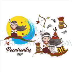 pocahontas girl indians princess hero vector illustration set