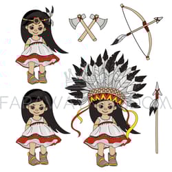 pocahontas holiday indians princess girl vector illustration set