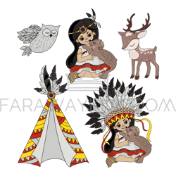 pocahontas life indians girl pets vector illustration set