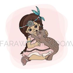 POCAHONTAS LOVE Princess Hugging Bear Vector Illustration Set