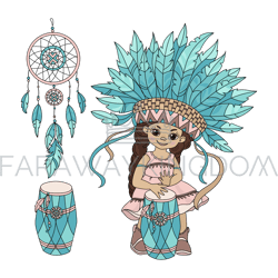 pocahontas music princess girl indians vector illustration set