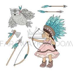 POCAHONTAS OWL Girl Shoots From A Bow Vector Illustration Set