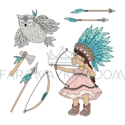 pocahontas owl girl shoots from a bow vector illustration set