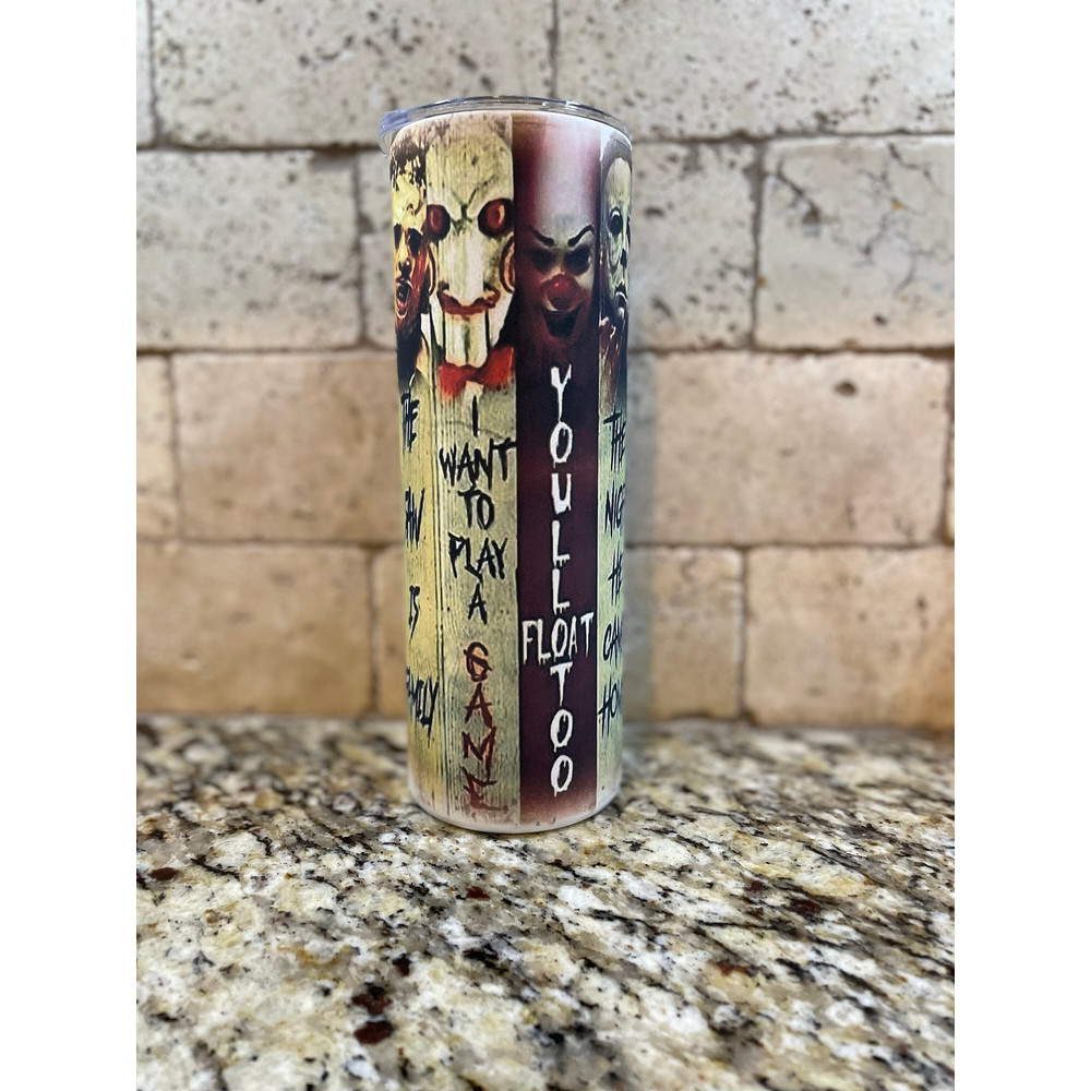 Horror Movie Tumbler, Horror Movie Skinny Tumbler, Horror Movie 20oz Skinny Tumbler, Monstrous Masterpieces Tumbler.png