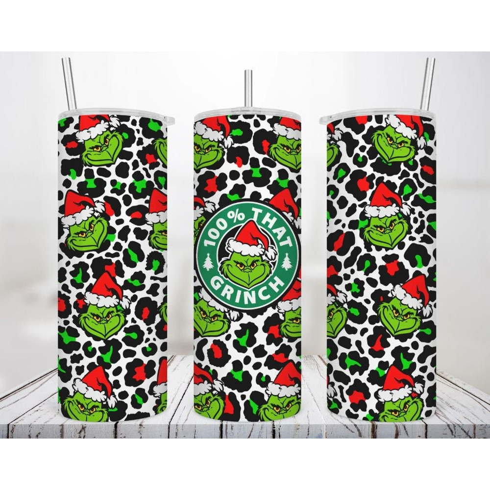 100% that Grinch, Grinch face, leopard print  20 oz Stainless Steel Tumbler.jpg