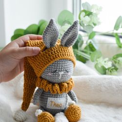 Personalised crochet bunny in night cap, amigurumi rabbit baby toy, cute sleeping bunny stuffed animal