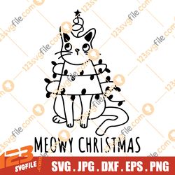 Meowy Christmas, Christmas Cat Svg, Meowy Christmas Svg, Cat Ornament Svg, Christmas Cat Png, Christmas Lights Svg,