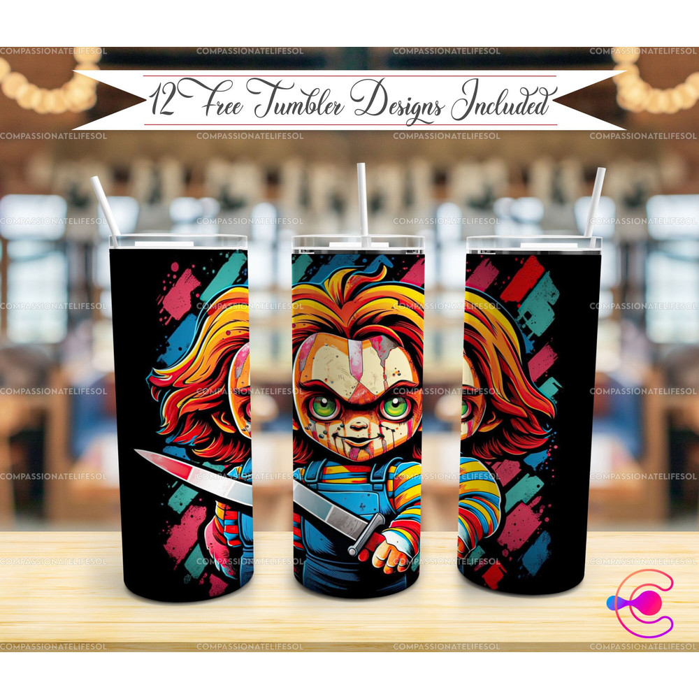 Chucky's Playtime Inferno Hellish Delights, 20oz skinny tumbler, 30oz skinny tumbler.jpg