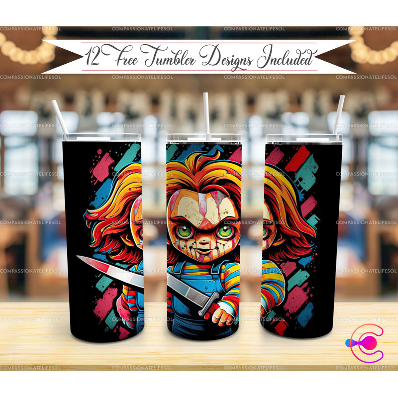 Chucky's Playtime Inferno Hellish Delights, 20oz skinny tumbler, 30oz skinny tumbler.jpg