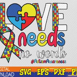 heart puzzle love autism awareness needs no words svg, eps, png, dxf, digital download