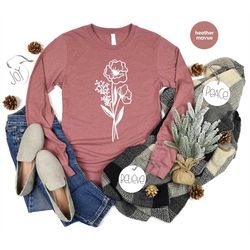 botanical sweatshirt, minimal floral gifts, flowers line art hoodie, inspirational wild flower graphic tees, minimalist