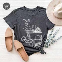 minimalist librarian tshirt, floral books shirt, aesthetic wild flower gifts, minimal shirts for bookworm, book love tsh