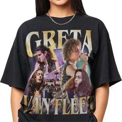greta van fleet merch t-shirt - bagg logo, music tee featuring josh, jake, sammy & danny from battle at garden's gate di