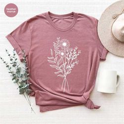 minimalist flower shirt, floral shirts, minimal flowers graphic tees, wild flower shirt for botanical gifts, inspiration