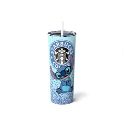 stitch with glasses tumbler, blue skinny tumbler, glitter sparkles 20oz tumbler, custom personalized tumbler