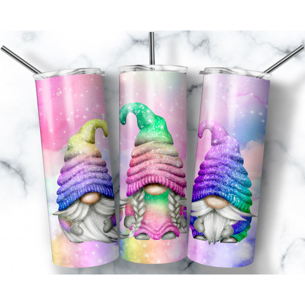 Rainbow Gnome Sparkle Tumbler PNG, 20 oz Skinny Tumbler Wrap.jpg