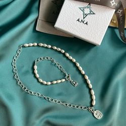 Pearl Silver 925 Jewelry Necklace Bracelet BELLE