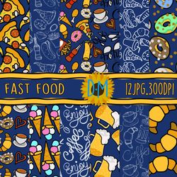 fast food seamless pattern, blueprint set for scrapbooking and crafting hot dog, burger, cola, pizza, donut, ice cream