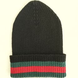 Winter knitted hat with lapel, Striped Wool  Beanie with green and red for men, hat for spring, warm hat for gift