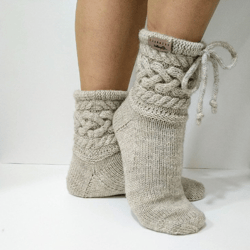 Beige knit socks Slipper home socks Women knit socks Wool socks Hand knitted socks Women slipper socks Natural wool sock