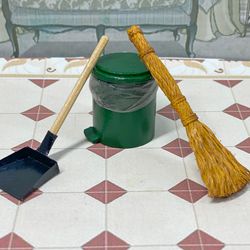 Household set for a dollhouse. Doll accessories, Broom, scoop, bucket.1:12