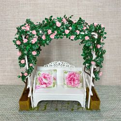 Arch with a weaving rose and a bench. Dollhouse accessories. 1:12. Doll garden. Plants for the doll.