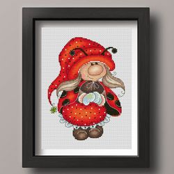 Ladybug gnome girl cross stitch pattern PDF, Summer gnome, Summer cross stitch, Insect cross stitch, Cute cross stitch