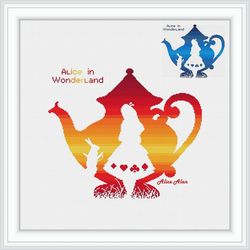 Cross stitch pattern Teapot Alice in Wonderland silhouette monochrome superhero tea kettle rabbit kitchen PDF