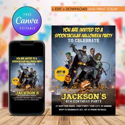 batman halloween birthday invitation, batman birthday boy invitation canva editable instant download