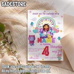 editable gabbys dollhouse birthday invitation template, printable birthday party invitations, digital bday party invite