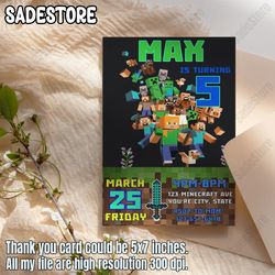 Personalized Minecrafter Birthday Party Invitation, Video Game Birthday Party Invitation, Gamer Birthday Party Invite