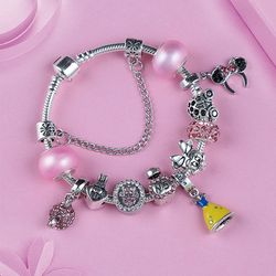 Leabyl Classic Princess Dress Pendant Charm Jewelry Bracelet Pink Crystal Minnie Mickey Bead Bracelets Fashion Jewelry