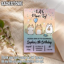 cat birthday invitation, cat theme birthday invitation, are you kitten me birthday, paw-ty birthday invite, rainbow