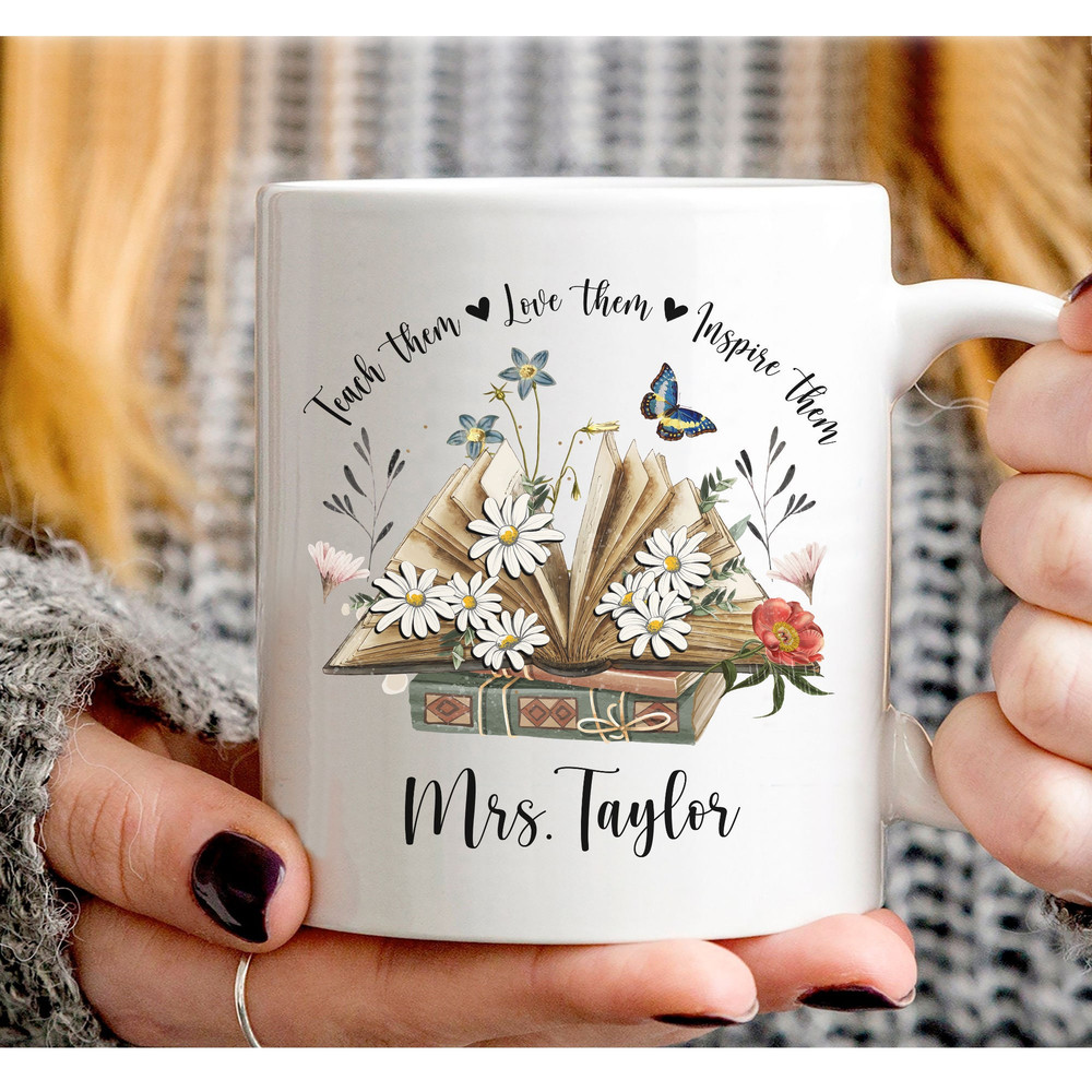 Teacher Mug Boho Floral Teacher Mug With Name, Personalised Teacher Thank You Gift, Teacher Appreciation Gift Custom Coffee Mug 11 oz 15 oz - 1.jpg