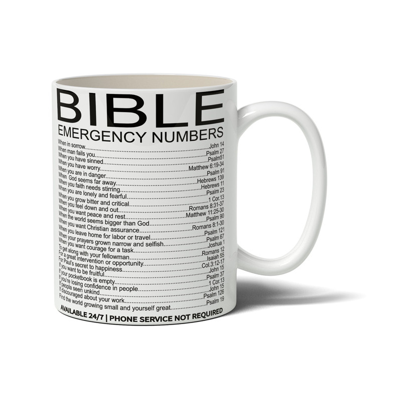 BIBLE Emergency Numbers Christianity Christian - Novelty Funny Anniversary Birthday Present - 11 Oz White Coffee Tea Mug Cup - 1.jpg