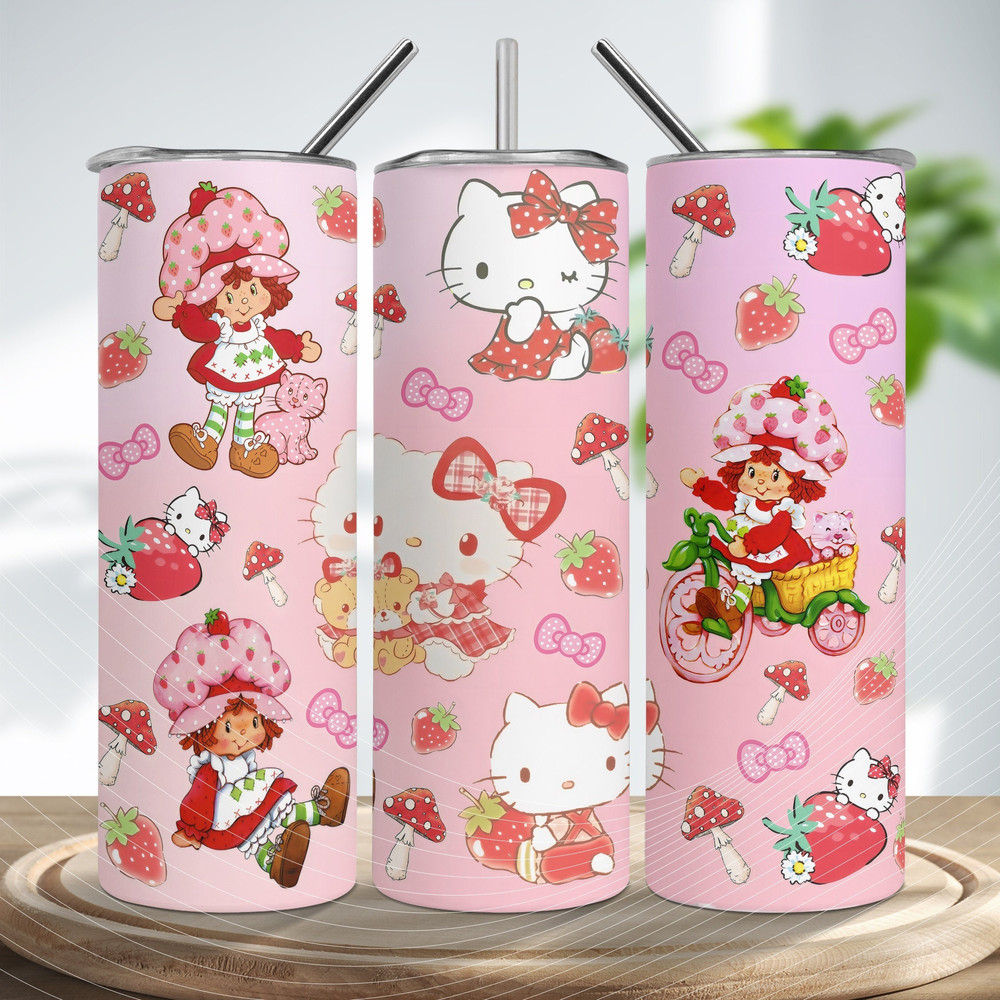 Retro Strawberry Tumbler, 80s Cartoon Tumbler, Pink Cat Tumbler Wrap, Retro Strawberry Skinny Tumbler Straight.jpg