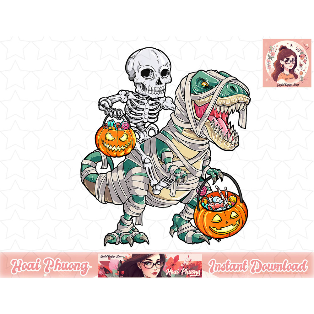 Skeleton Riding Mummy Dinosaur T rex Halloween Funny Pumpkin png, instant download.jpg