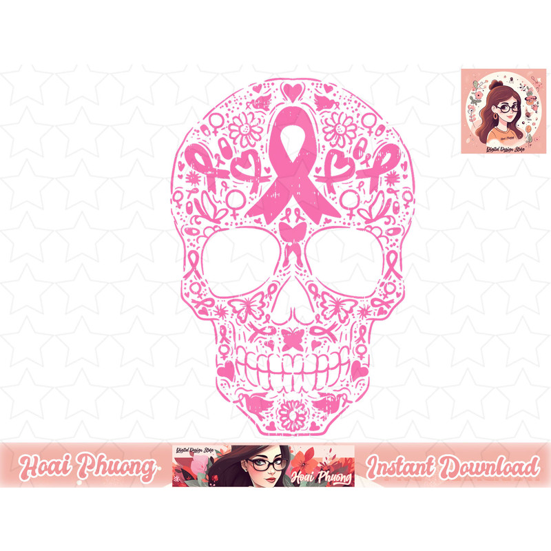Sugar Skull Pink Ribbon Calavera Breast Cancer Awareness png, instant download.jpg