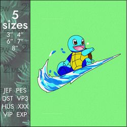 nike squirtle embroidery design, pokemon anime cartoon logo, 5 sizes