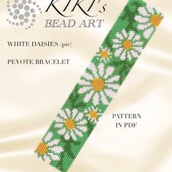 white margarets flower garden, white daisies peyote bracelet cuff pattern, peyote bracelet pattern pdf instant download