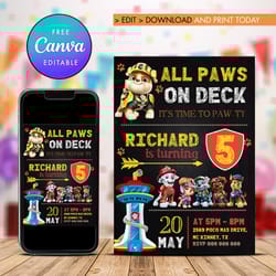 paw patrol birthday invitation, marshall boy birthday invitation canva editable instant download
