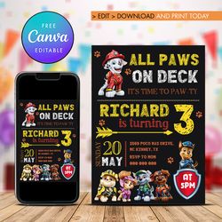 paw patrol birthday invitation, marshall boy birthday invitation canva editable instant download