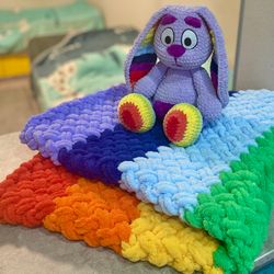 Handmade rainbow baby blanket set and soft bunny with long ears. Perfect for newborns and one-year-olds