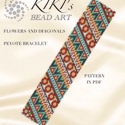 flowers and diagonals peyote bracelet pattern, peyote pattern design in pdf - instant download