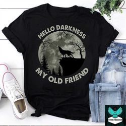 wolf in the moon hello darkness my old friend vintage t-shirt, wolf shirt, wolves shirt, moon shirt, blood moon shirt, h