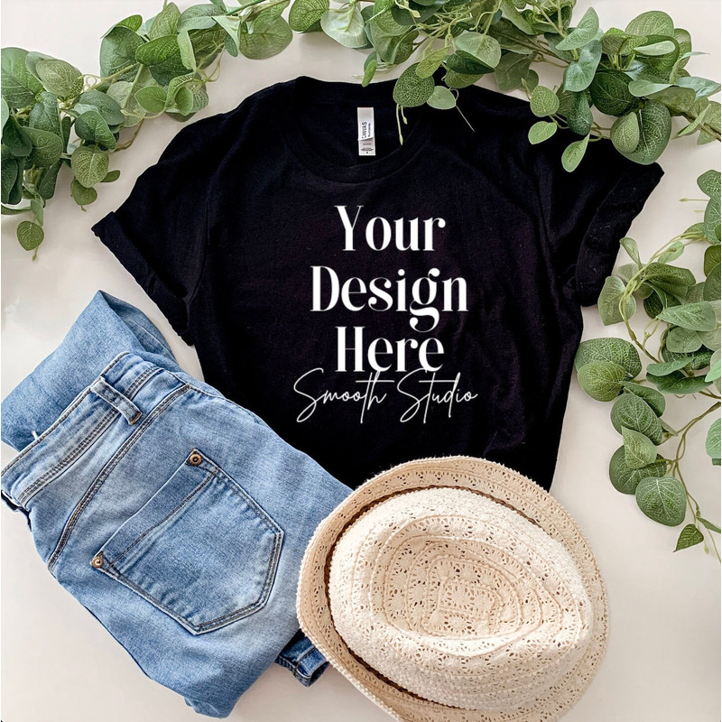 Bella Canvas 3001 Mockup Flat Lay Bella and Canvas T-Shirt 3001 Mockup Bella & Canvas Black Tshirt Mockup Plain Tshirt Photo Flat - 1.jpg
